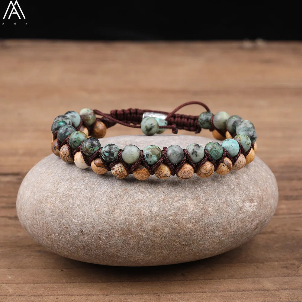 6mm Round Natural Picture Jaspers African Turquoises Stone Woven Rope Bracelet Adjustable Boho Women Bracelet Jewelry N0343AMAB