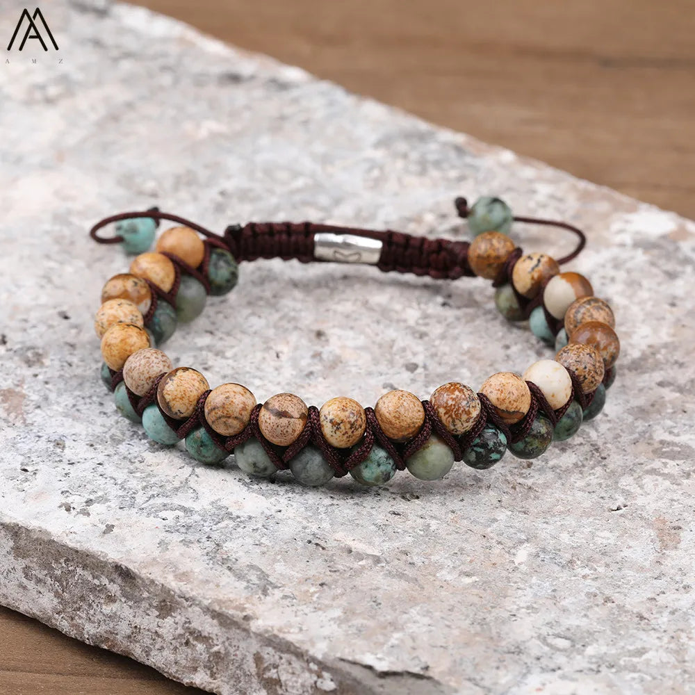 6mm Round Natural Picture Jaspers African Turquoises Stone Woven Rope Bracelet Adjustable Boho Women Bracelet Jewelry N0343AMAB