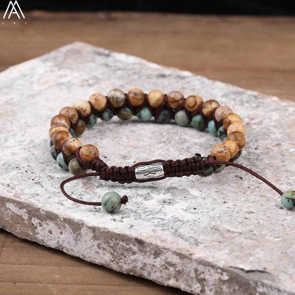 6mm Round Natural Picture Jaspers African Turquoises Stone Woven Rope Bracelet Adjustable Boho Women Bracelet Jewelry N0343AMAB