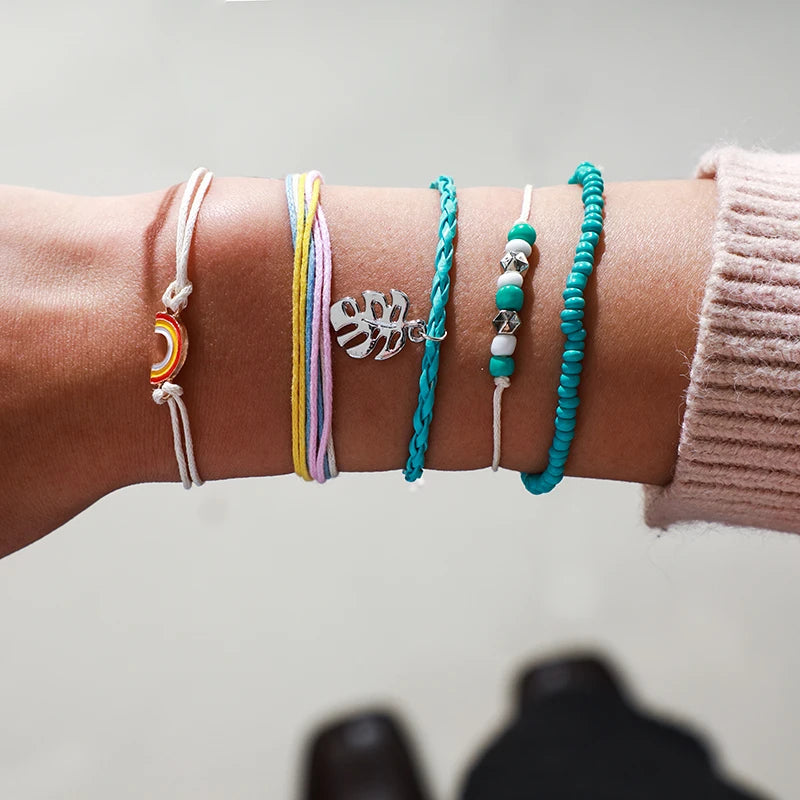 docona Bohemia Leaf Rainbow Beaded Bracelet Set for Women Handmade Adjustable Rope Chain Bracelet Boho Jewelry 5pcs/set 6931