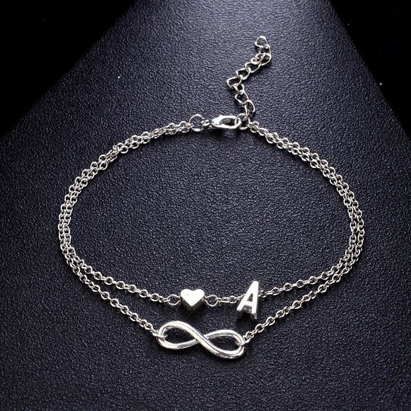 Boho Initial Anklet Heart Infinity Silver Color Ankle Bracelet on Leg Chain 26 Letter Anklets For Women Ankle Beach Foot Jewelry