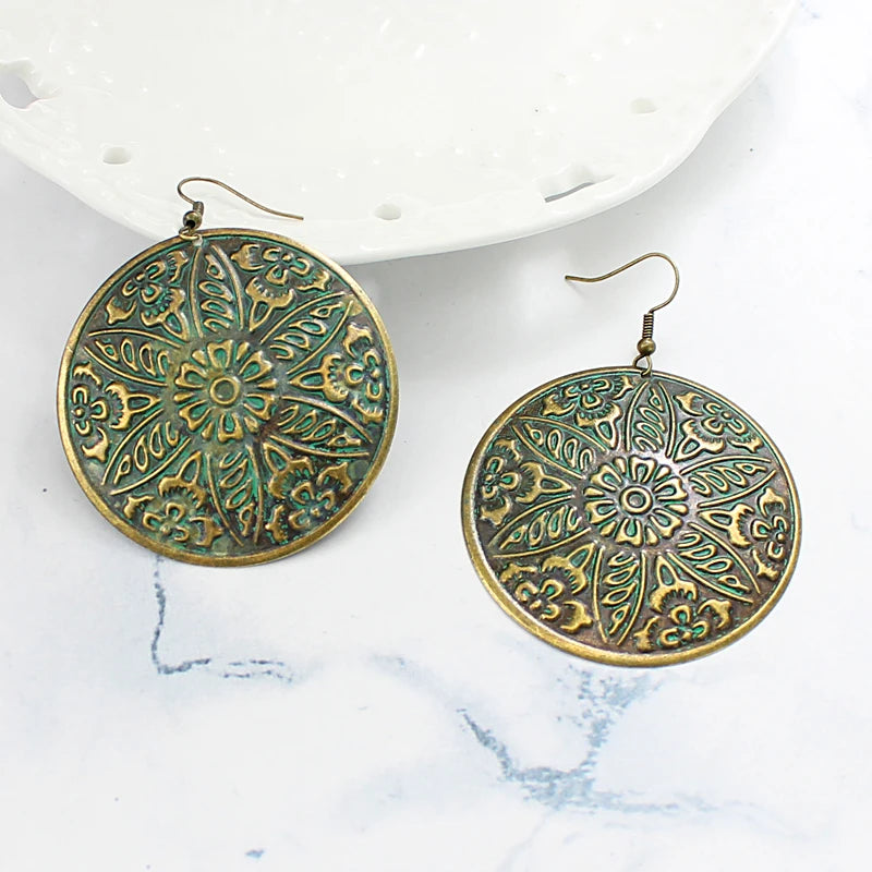 Big round six-page flower bronze sculpture for all people ethnic boho fashion leisure holiday earrings