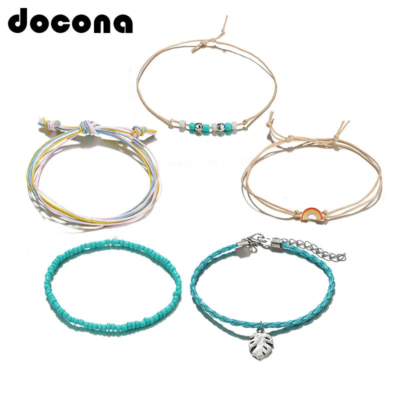 docona Bohemia Leaf Rainbow Beaded Bracelet Set for Women Handmade Adjustable Rope Chain Bracelet Boho Jewelry 5pcs/set 6931