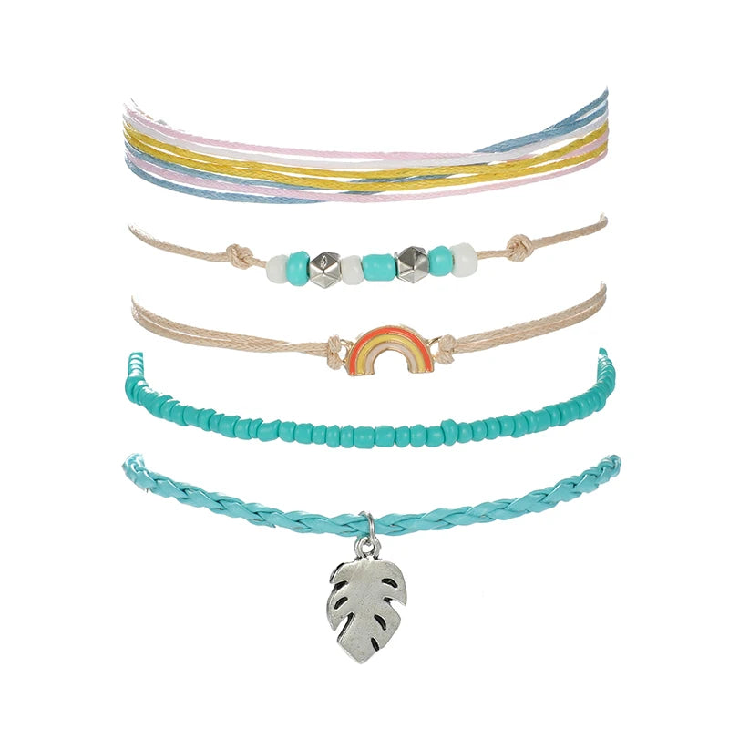 docona Bohemia Leaf Rainbow Beaded Bracelet Set for Women Handmade Adjustable Rope Chain Bracelet Boho Jewelry 5pcs/set 6931
