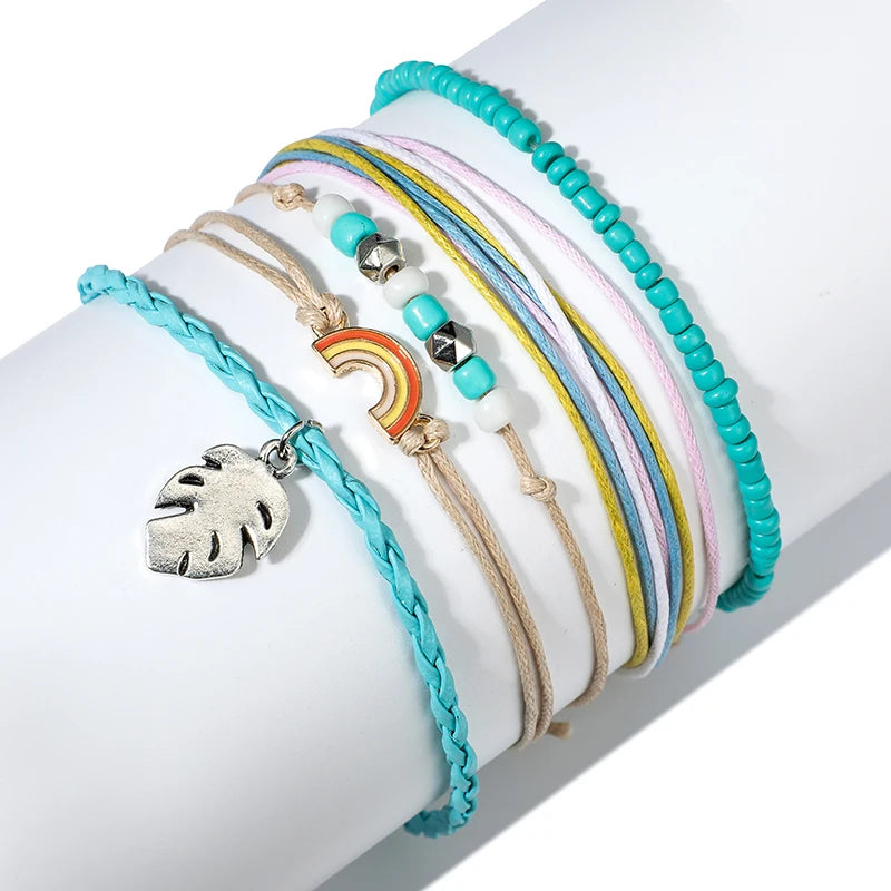 docona Bohemia Leaf Rainbow Beaded Bracelet Set for Women Handmade Adjustable Rope Chain Bracelet Boho Jewelry 5pcs/set 6931