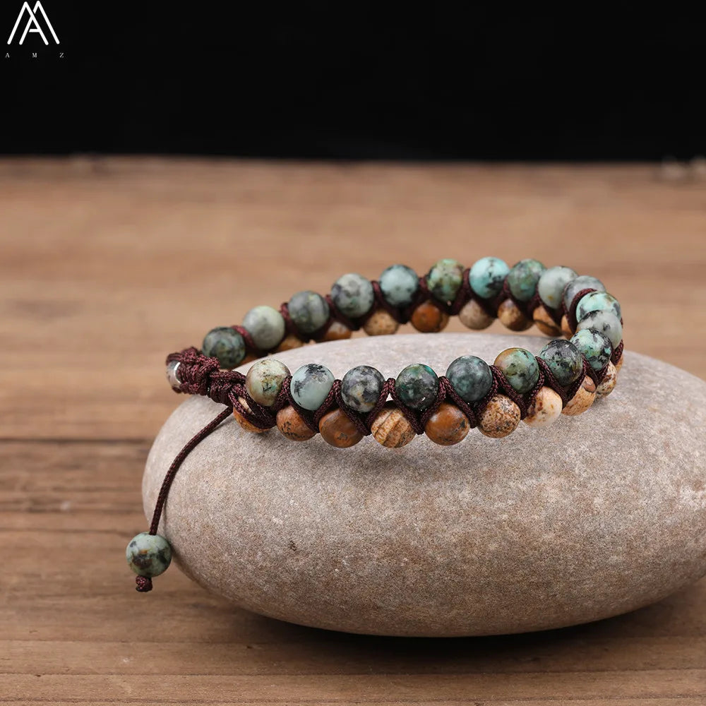 6mm Round Natural Picture Jaspers African Turquoises Stone Woven Rope Bracelet Adjustable Boho Women Bracelet Jewelry N0343AMAB