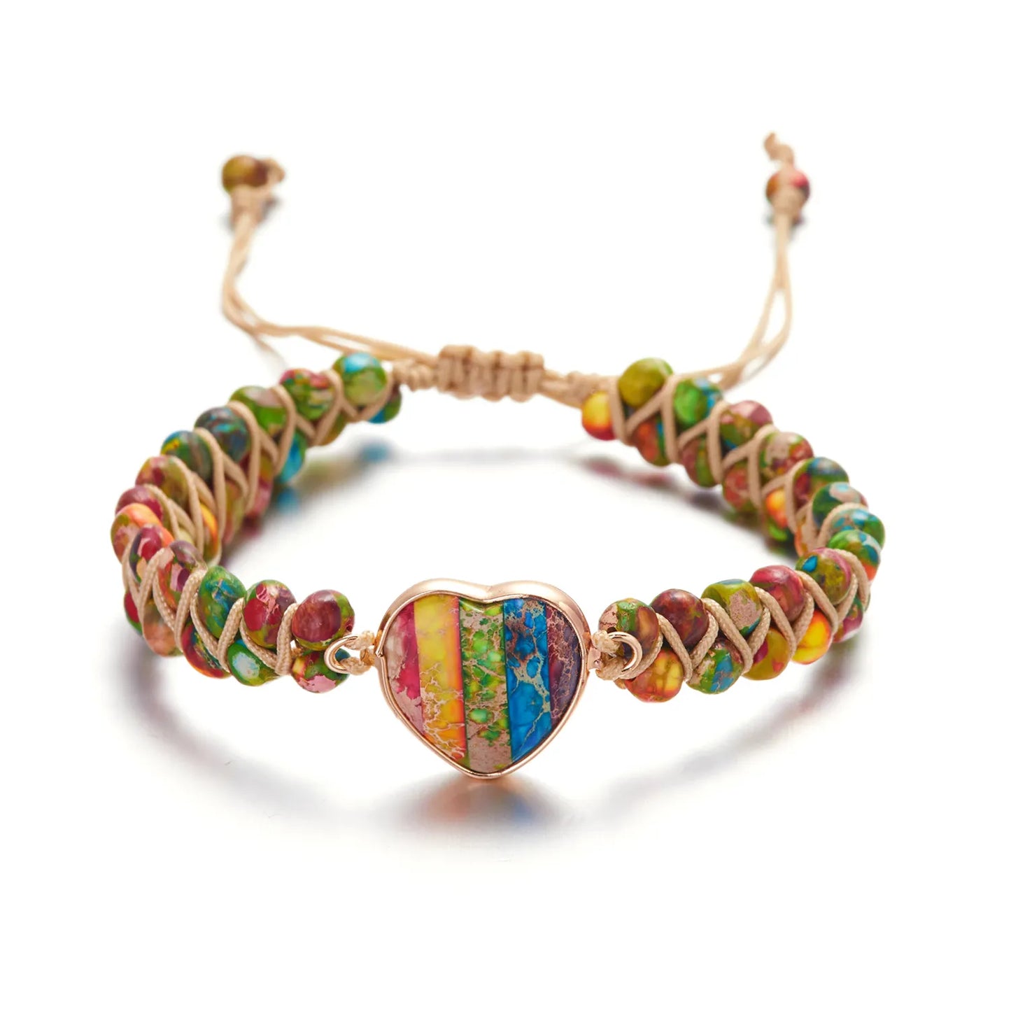 Boho Multicolor Natural Stone Beads Heart Bracelet for Women Men Yoga Jewelry Bangle Charm Handmade Woven Rope Wristband Gift