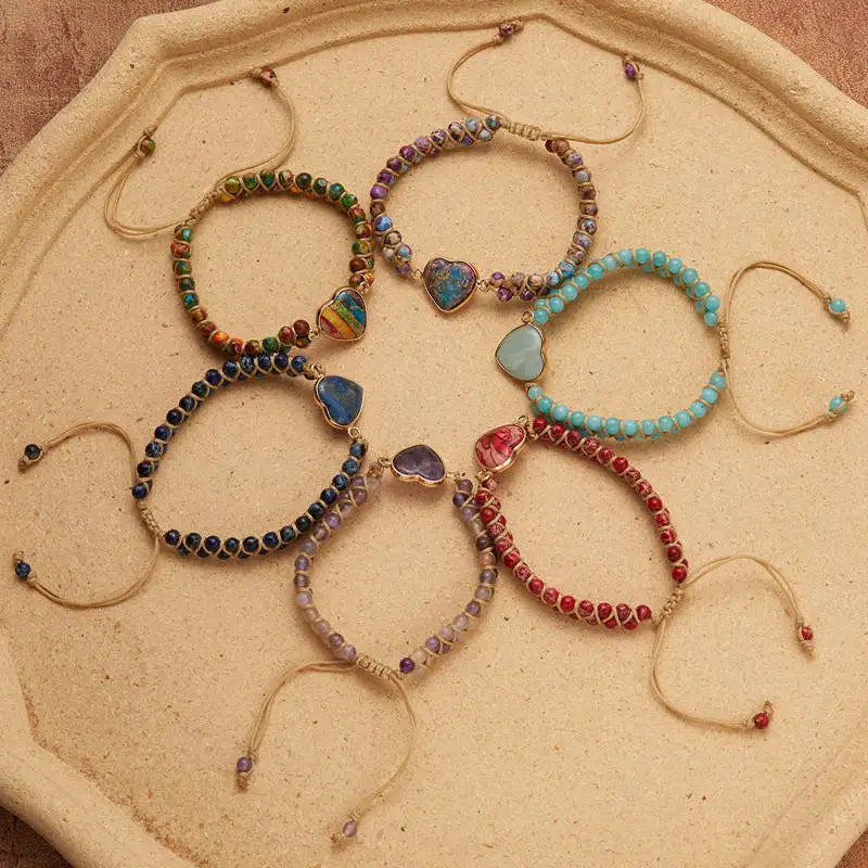 Boho Multicolor Natural Stone Beads Heart Bracelet for Women Men Yoga Jewelry Bangle Charm Handmade Woven Rope Wristband Gift