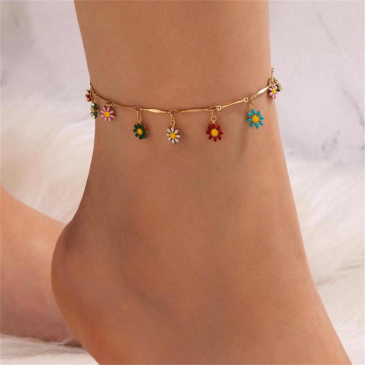 Cute Daisy Flower Anklets For Women Beach Anklet Leg Bracelet Handmade Bohemian Sunflower Floral Foot Chain Boho Sandals Jewelry