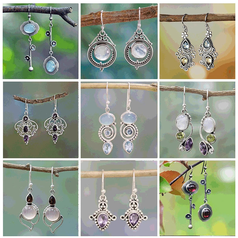 Boho Dangle Earrings for Women Vintage Selenite Turquoise Drop Earrings Ethnic Retro Pendant Ear Hook Beach Party Jewelry Gift