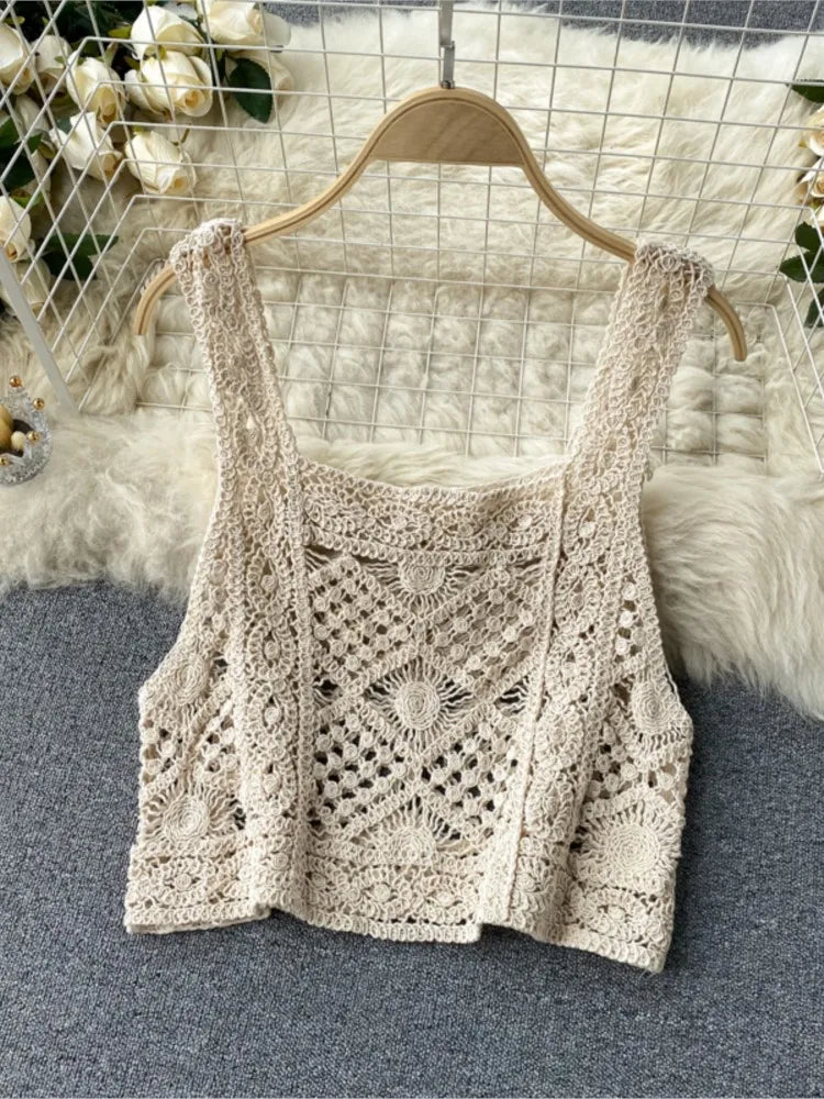 Women Summer Sexy Sleeveless Hollow Out Knitted Short Strap Tops Long Flare Pants Two Piece Suits Boho Beach Clothing