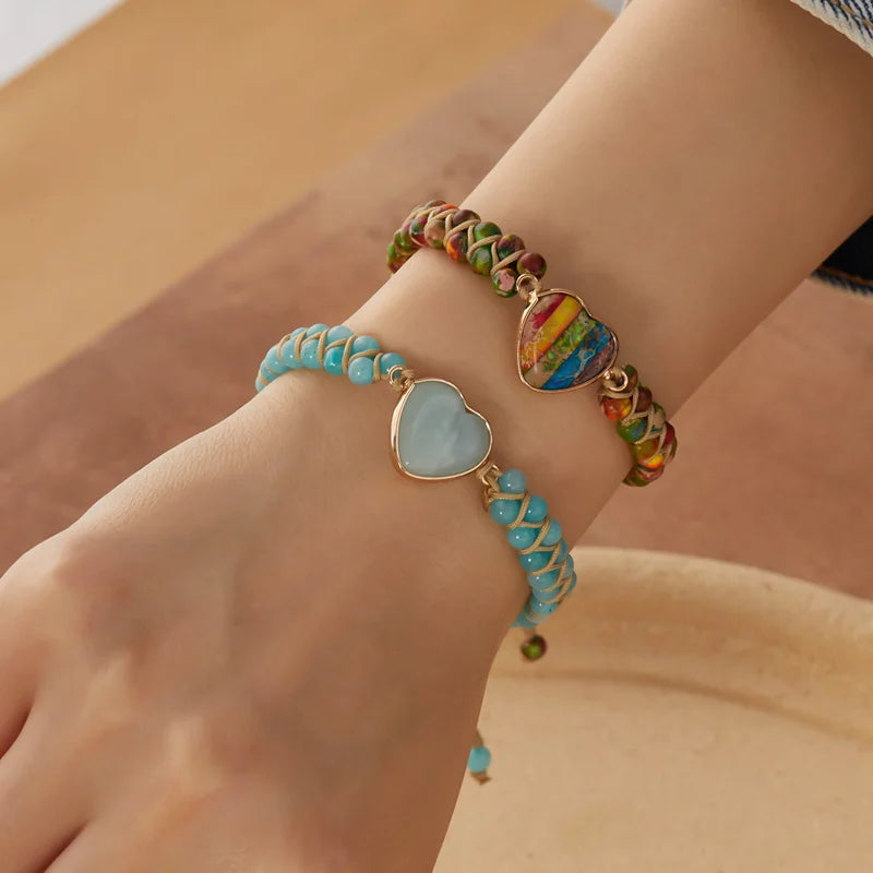 Boho Multicolor Natural Stone Beads Heart Bracelet for Women Men Yoga Jewelry Bangle Charm Handmade Woven Rope Wristband Gift