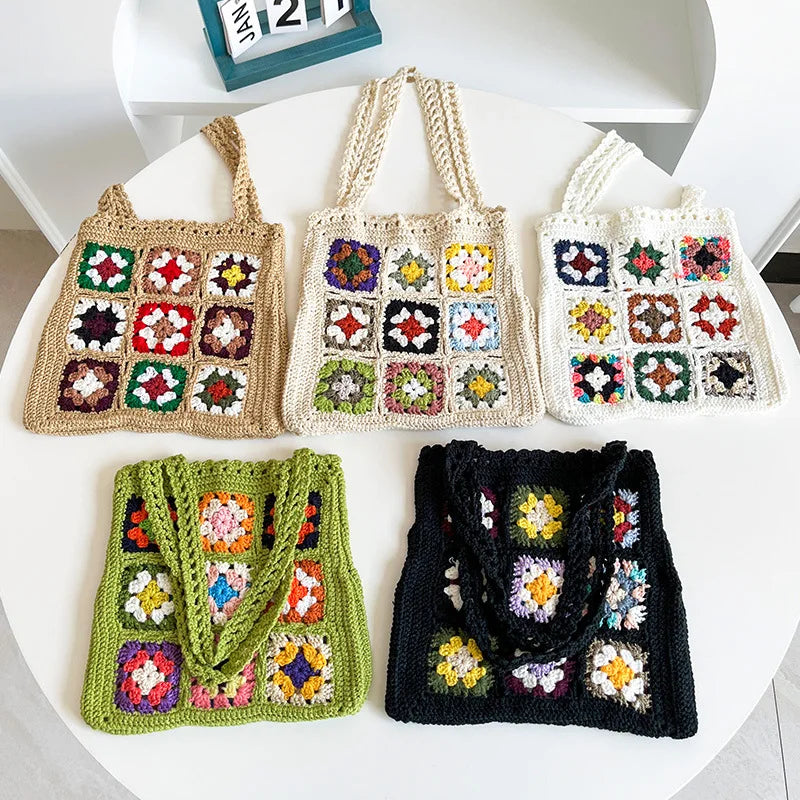 Women Boho Woven Tote Summer Beach Handbag Floral Handmade Weaving Shoulder Bags Hand Crochet Bag Flower Stitching Shopper Bag