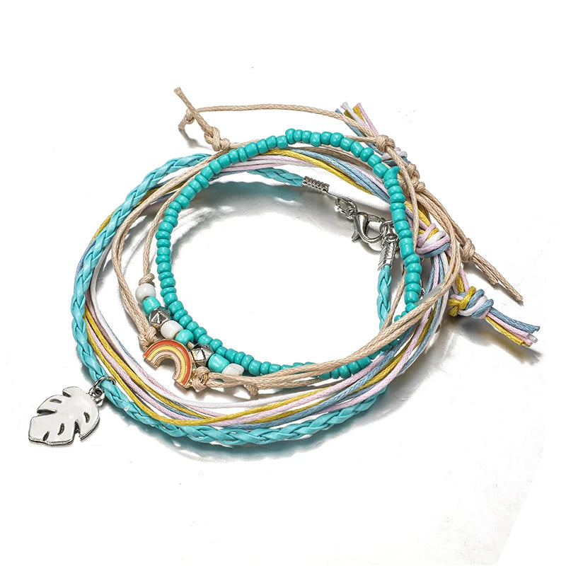 docona Bohemia Leaf Rainbow Beaded Bracelet Set for Women Handmade Adjustable Rope Chain Bracelet Boho Jewelry 5pcs/set 6931