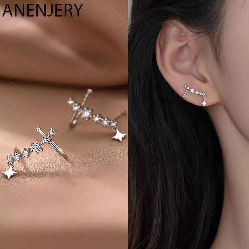 ANENJERY Silver Color Star Climber Earrings for Women Shiny Zircon Earrings Birthday Gift Jewelry Wholesale