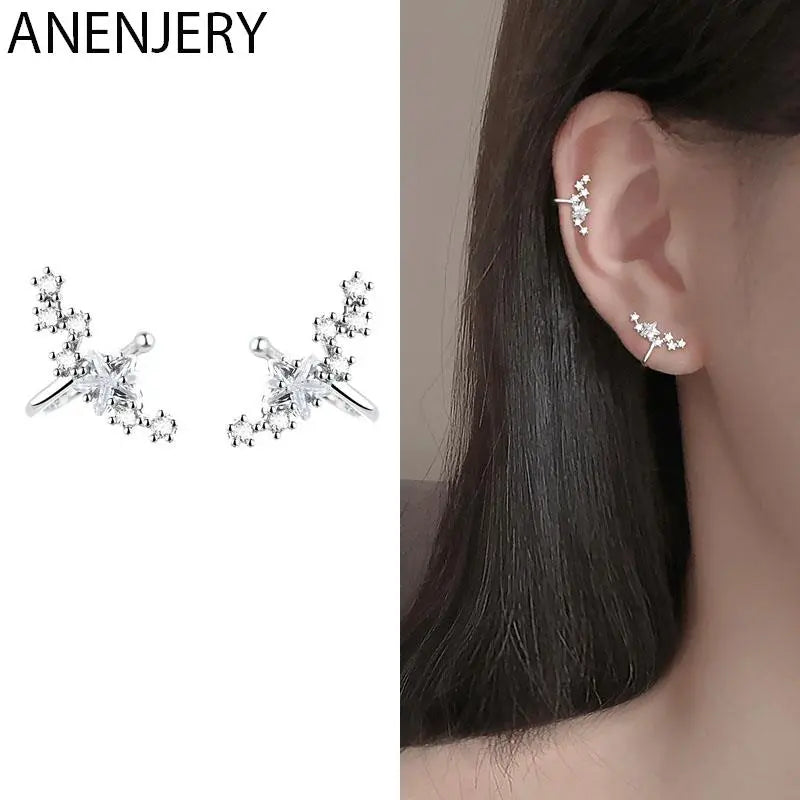 ANENJERY Silver Color Star Ear Cuff Earrings for Women Zircon Wrap Clip on Earrings Girl Trendy Jewelry